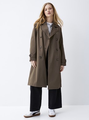 Double-breasted belted trench coat