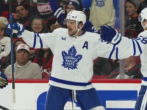 Toronto Maple Leafs centre Auston Matthews celebrates his goal against the Carolina Hurricanes during the second period at PNC Arena in Raleigh, N.C., March 25, 2023.