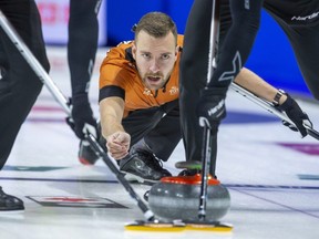 Wild Card 1 skip Brendan Bottcher releases a rock on his way to an 8-7 win over New Brunswick in the Tim Hortons Brier at Budweiser Gardens in London on Tuesday, March 7, 2023. (Derek Ruttan/The London Free Press)