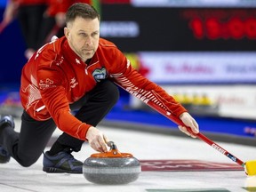 Team Canada skip Brad Gushue throws a rock during a practice session for the 2023 Tim Hortons Brier at Budweiser Gardens in London on Friday, March 3, 2023. (Mike Hensen/The London Free Press)