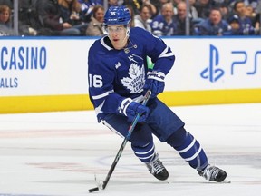 Maple Leafs forward Mitch Marner skates with the puck during NHL action against the Avalanche at Scotiabank Arena in Toronto, Wednesday, March 15, 2023.