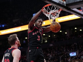 Raptors forward O.G. Anunoby (3) dunks the ball against the Heat during second half NBA action at Scotiabank Arena in Toronto, Tuesday, March 28, 2023.