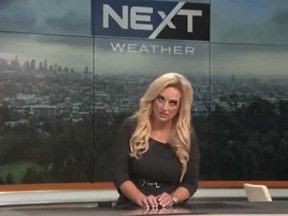 KCAL meteorologist Alissa Carlson is seen fainting on live TV in this screengrab of a clip posted on Twitter.