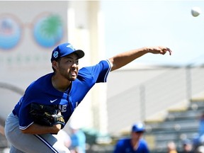 Mar 7, 2023; Bradenton, Florida, USA; Toronto Blue Jays pitcher Yusei Kikuchi throws a pitch in the second inning against the Pittsburgh Pirate at LECOM Park.