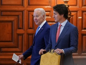 U.S. President Joe Biden and Canadian Prime Minister Justin Trudeau attend a meeting with Mexican President Andres Manuel Lopez Obrador at the North American Leaders' Summit in Mexico City, Mexico, Jan. 10, 2023.