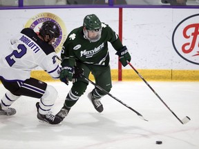 Holy Cross's Jack Robilotti defends Mercyhurst's Carson Briere during the first half of an NCAA hockey game on Friday, Nov. 12, 2021, in Worcester, Mass.