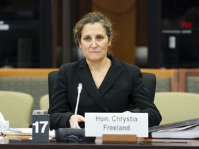 Minister of Finance and Deputy Prime Minister Chrystia Freeland appears as a witness at a Senate committee on national finance in Ottawa on Wednesday, Dec. 7, 2022. Canada is banning the import of Russian steel and aluminum as part of its sanctions regime.