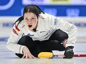 Canada skip Kerri Einarson in action during the match between the United States and Canada during the round robin session 3 of the LGT World Women's Curling Championship at Goransson Arena in Sandviken, Sweden, on Sunday, March 19, 2023.