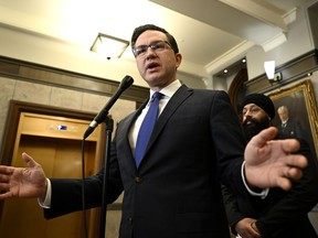 Conservative Leader Pierre Poilievre speaks at a news conference in the Foyer of the House of Commons on Parliament Hill in Ottawa, Sunday, March 12, 2023.