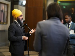 New Democrat Leader Jagmeet Singh speaks to reporters in the foyer of the House of Commons on Parliament Hill in Ottawa on March 8, 2023.