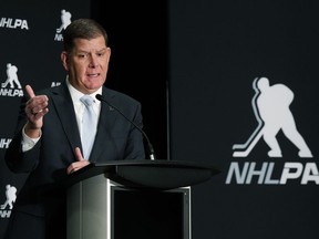 Martin Walsh, The National Hockey League Players' Association newly appointed Executive Director, holds a press conference in Toronto on Thursday, March 30, 2023.