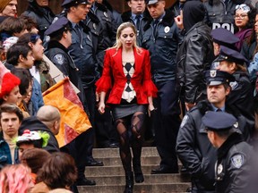 Lady Gaga performs during the filming of the movie "Joker: Folie a Deux" in New York on March 25, 2023.