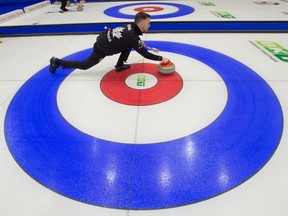 Canadian skip Brad Gushue delivers a stone during practice at TD Place arena in Ottawa on Friday.