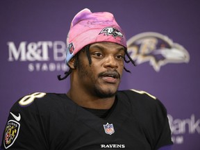Baltimore Ravens quarterback Lamar Jackson speaks to the media at a press conference after an NFL football game against the Cincinnati Bengals, Oct. 9, 2022, in Baltimore.