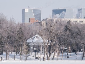 A man and a dog walk the path around Wascana Lake, flanked by downtown Regina on Thursday Feb. 18, 2021. An agency responsible for tourism in Regina has apologized for using slogans that have been criticized for their sexual overtones.