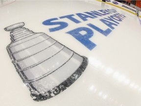 A general view of the in-ice logo prior to the game between the New York Islanders and the Carolina Hurricanes in Game Two of the Eastern Conference Second Round during the 2019 NHL Stanley Cup Playoffs at the Barclays Center on April 28, 2019 in the Brooklyn borough of New York City.