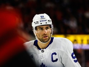 John Tavares of the Toronto Maple Leafs looks on during the second period of the a game against the Carolina Hurricanes at PNC Arena on March 25, 2023 in Raleigh, North Carolina.