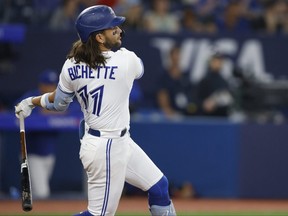 Bo Bichette of the Toronto Blue Jays singles in the fifth inning for one of his five hits of the game.