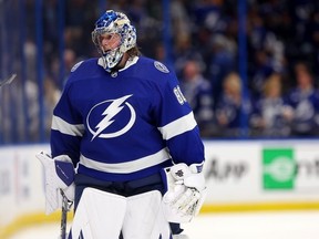 Andrei Vasilevskiy of the Tampa Bay Lightning skates off after losing Game Four of the First Round of the 2023 Stanley Cup Playoffs in overtime against the Toronto Maple Leafs at Amalie Arena on April 24, 2023 in Tampa, Florida.
