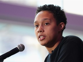 Brittney Griner of the Phoenix Mercury speaks during a "Bring Our Families Home" press conference at Footprint Center on April 27, 2023 in Phoenix, Arizona.
