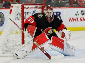 Senators goaltender Cam Talbot (33) during second-period action against the New York Rangers at the Canadian Tire Centre on Nov. 30. The decision to scratch Talbot in Florida on Thursday is the beginning of the end for Talbot with the Senators this season, writes Bruce Garrioch.