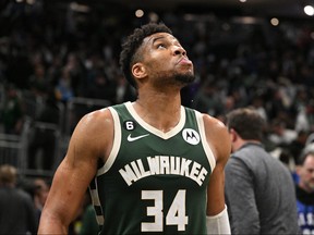 Apr 26, 2023; Milwaukee, Wisconsin, USA; Milwaukee Bucks forward Giannis Antetokounmpo after a 128-126 loss to the Miami Heat during game five of the 2023 NBA Playoffs at Fiserv Forum.