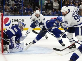 Maple Leafs' Ryan O'Reilly shoots the puck past Tampa Bay Lightning goaltender Andrei Vasilevskiy with a minute to go in regulation, sending Game 3 to overtime on Saturday, April 22, 2023, in Tampa, Fla.