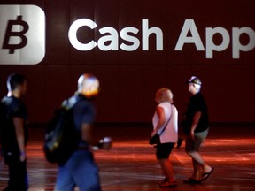 The logo of Cash App is seen at the main hall during the Bitcoin Conference 2022 in Miami Beach, Florida, April 6, 2022.