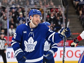 Apr 8, 2023; Toronto, Ontario, CAN; Toronto Maple Leafs forward Michael Bunting celebrates after scoring a goal against the Montreal Canadiens in the third period at Scotiabank Arena.