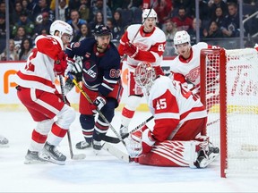 Winnipeg Jets forward Nino Niederreiter scores on Detroit Red Wings goalie Magnus Hellberg during the second period at Canada Life Centre on Friday, March 31, 2023.