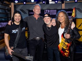 From left to right, Robert Trujillo, James Hetfield, Lars Ulrich, and Kirk Hammett of Metallica visit SiriusXM's 'The Howard Stern Show' at SiriusXM Studios in Los Angeles, April 12, 2023.