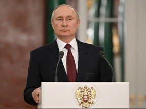 Russian President Vladimir Putin attends a news conference after a meeting of the State Council on youth policy in Moscow, Russia, Dec. 22, 2022.