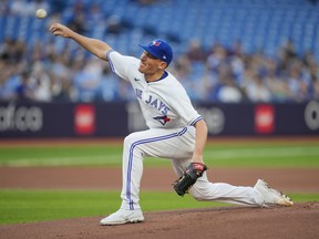 Blue Jays' Chris Bassitt pitches against the Detroit Tigers in the first inning at the Rogers Centre on April 13, 2023 in Toronto.
