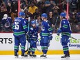 Canucks Conor Garland (second from left) and Brock Boeser (far right) are the candidates most likely to wing it out of town if general manager Patrik Allving is to effectively create some salary cap space.