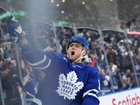 Apr 20, 2023; Toronto, Ontario, CAN; Toronto Maple Leafs right wing William Nylander celebrates a goal against the Tampa Bay Lightning during the first period in game two of the first round of the 2023 Stanley Cup Playoffs at Scotiabank Arena.