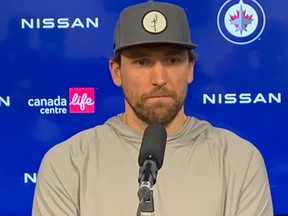 Winnipeg Jets winger Blake Wheeler speaks to the media during the team's post-season availability at Canada Life Centre on Saturday, April 29, 2023.