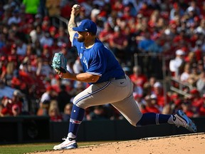 Alek Manoah of the Toronto Blue Jays pitches against the St. Louis Cardinals on Opening Day at Busch Stadium on March 30, 2023 in St Louis.