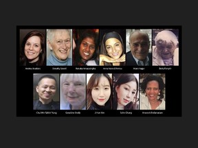 The victims who died in the April 2018 van attack in Toronto are shown in these undated handout photos. Top row (from left): Andrea Bradden, Dorothy Sewell, Renuka Amarasingha, Anne Marie D'Amico, Munir Najjar and Betty Forsyth; Bottom (from left): Chul Min "Eddie" Kang, Geraldine Brady, Ji Hun Kim, Sohe Chung and Amaresh Tesfamariam, the eleventh victim, who suffered severe injuries in the attack and later died from her injuries on October 28, 2021. THE CANADIAN PRESS/HO-Ontario Superior Court of Justice; Toronto Police Service