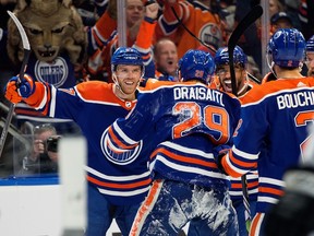 The Edmonton Oilers celebrate Leon Draisaitl's (29) goal against the Los Angeles Kings during first period NHL playoff action at Rogers Place in Edmonton, Tuesday April 25, 2023. Photo by David Bloom