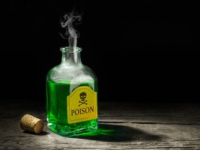 Poison is a green liquid in a glass vial.