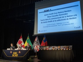RCMP Sgt. Audrey Soucy, left to right, Assistant Commissioner Rhonda Blackmore, commanding officer of the Saskatchewan RCMP, and Supt. Joshua Graham, officer in charge of the Saskatchewan RCMP major crimes, provide a preliminary timeline presentation of stabbing rampage at the James Smith Cree Nation and nearby village of Weldon, Sask., during a media event in Melfort, Sask., on Thursday, April 27, 2023.