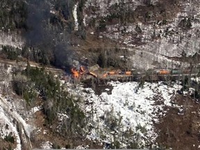 A train carrying hazardous material derailed in central Maine, Rockwood Fire & Rescue said on Saturday, April 15, 2023.