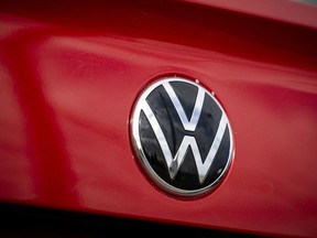 The Volkswagen emblem is seen on a vehicle for sale at a dealership in Ottawa, on Thursday, April 20, 2023. The massive new Volkswagen battery plant in southwestern Ontario will create 3,000 direct jobs and 30,000 indirect jobs to the area.THE CANADIAN PRESS/Justin Tang