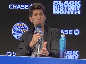 Golden State Warriors general manager Bob Myers speaks during a news conference.