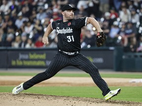 Chicago White Sox reliever Liam Hendriks pitches against the Los Angeles Angels.
