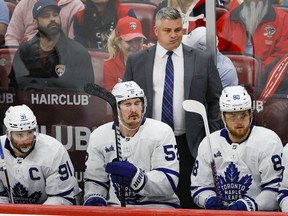 Toronto Maple Leafs head coach Sheldon Keefe looks on from the bench against the Florida Panthers during overtime in Game 3.