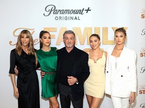 Jennifer Flavin Stallone, Sistine Stallone, Sylvester Stallone, Sophia Stallone and Scarlet Stallone attend The Family Stallone Red Carpet & Reception at Torrisi Bar and Restaurant on May 11, 2023 in New York City.