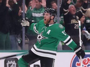 Joe Pavelski of the Dallas Stars celebrates a game-winning power play goal against the Vegas Golden Knights during overtime in Game Four of the Western Conference Final of the 2023 Stanley Cup Playoffs at American Airlines Center on May 25, 2023 in Dallas, Texas.