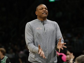 Philadelphia 76ers head coach Doc Rivers reacts during Game 7 against Boston.