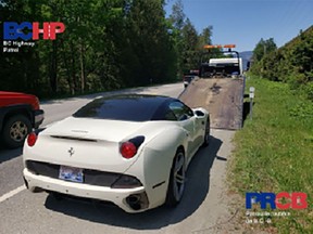 A Ferrari whose driver was going 160 km/h with a dog in his lap was impounded on the Trans-Canada Highway near Popkum, B.C., on May 14.